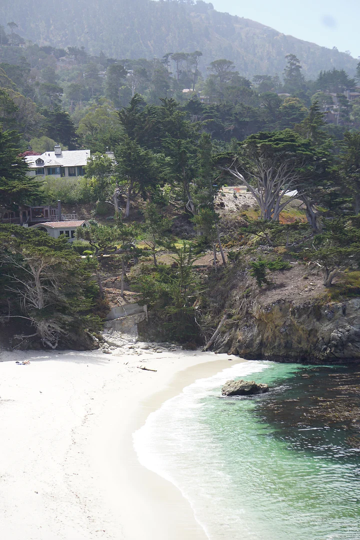 A turquoise cove seen from a wooded clifftop above a curve of white sand.